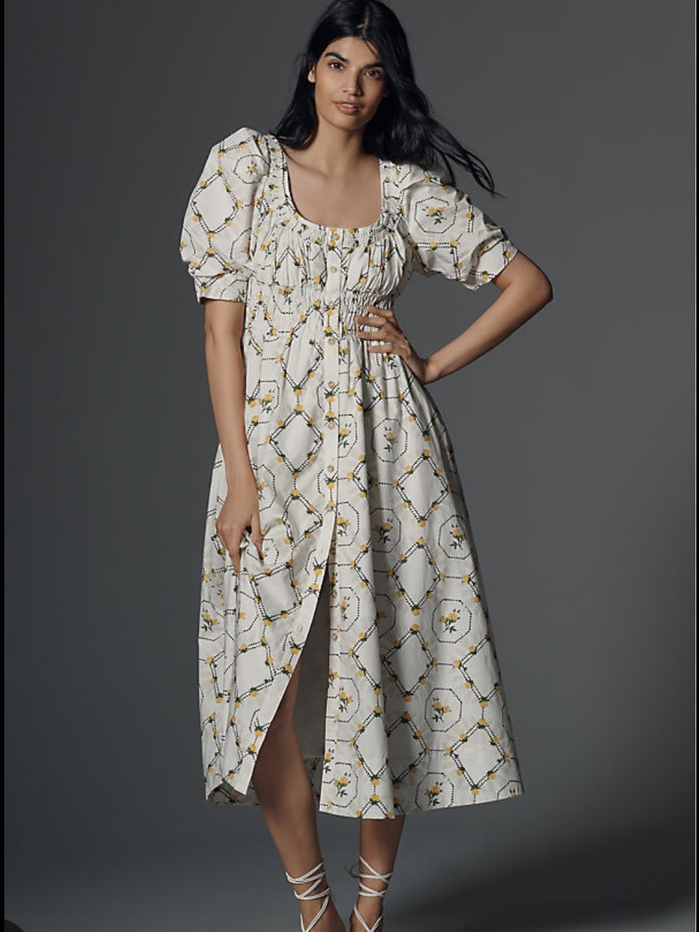 by ANTHROPOLOGIE Peregrine Cotton Puff-Sleeve Midi Dress XXS Cottagecore Smocked